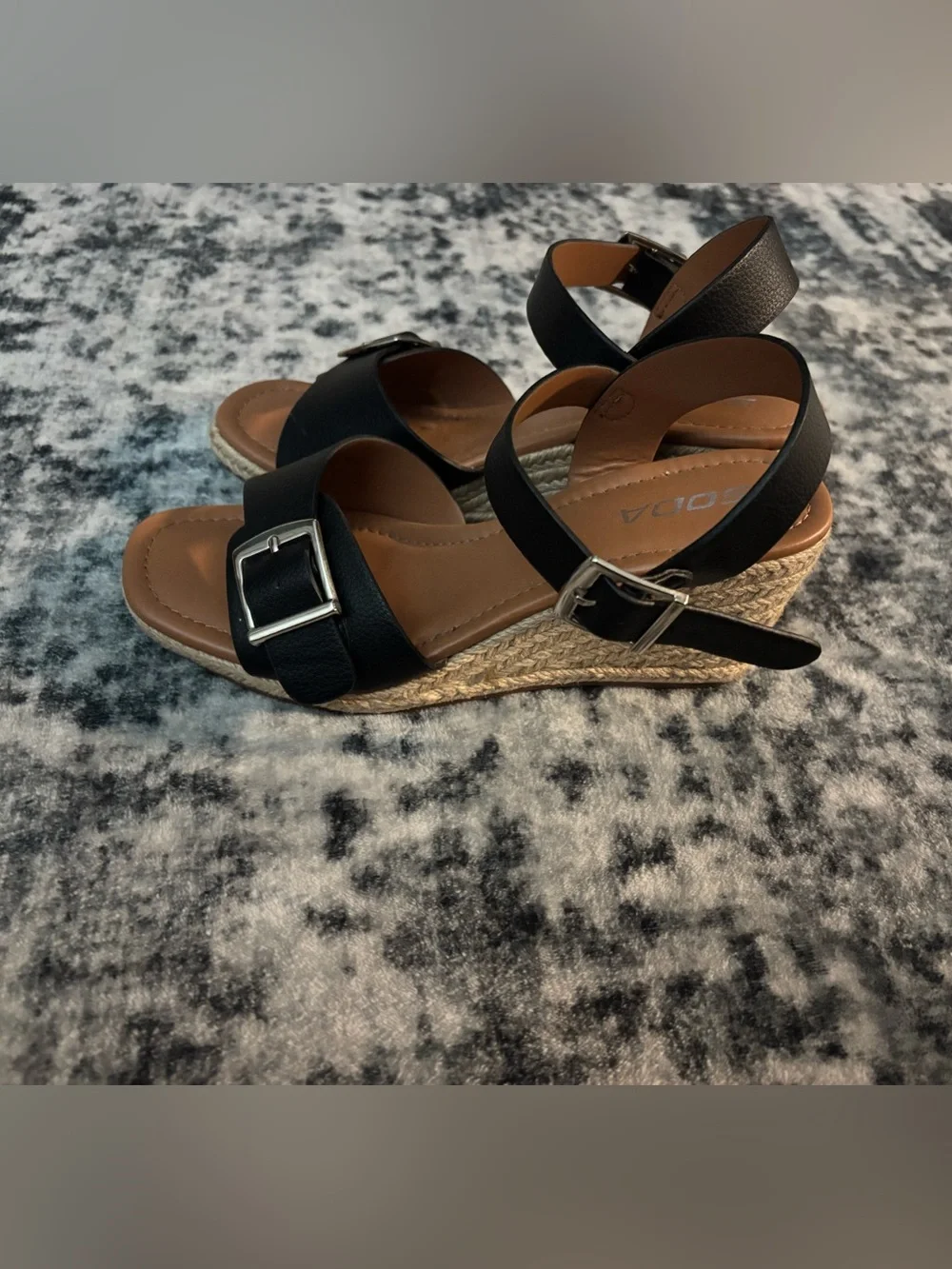 Soda Black Buckle Wedge Sandals